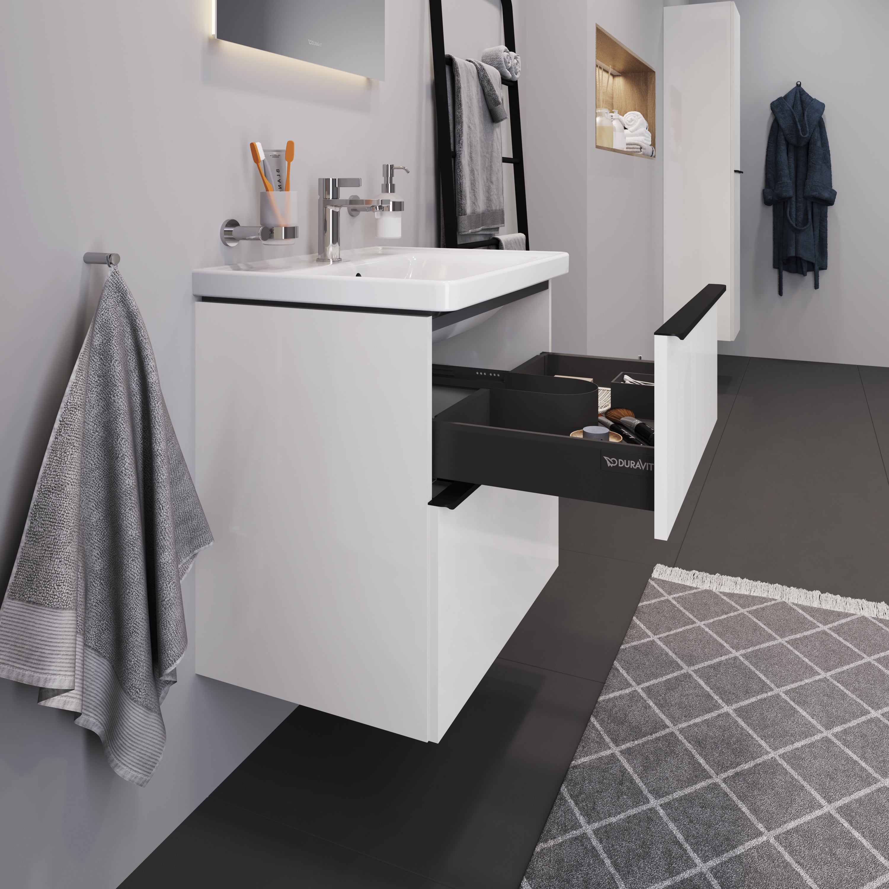 Duravit D-Neo sæt (skab+vask), hvid højglans, 2-skuffer, 650 mm