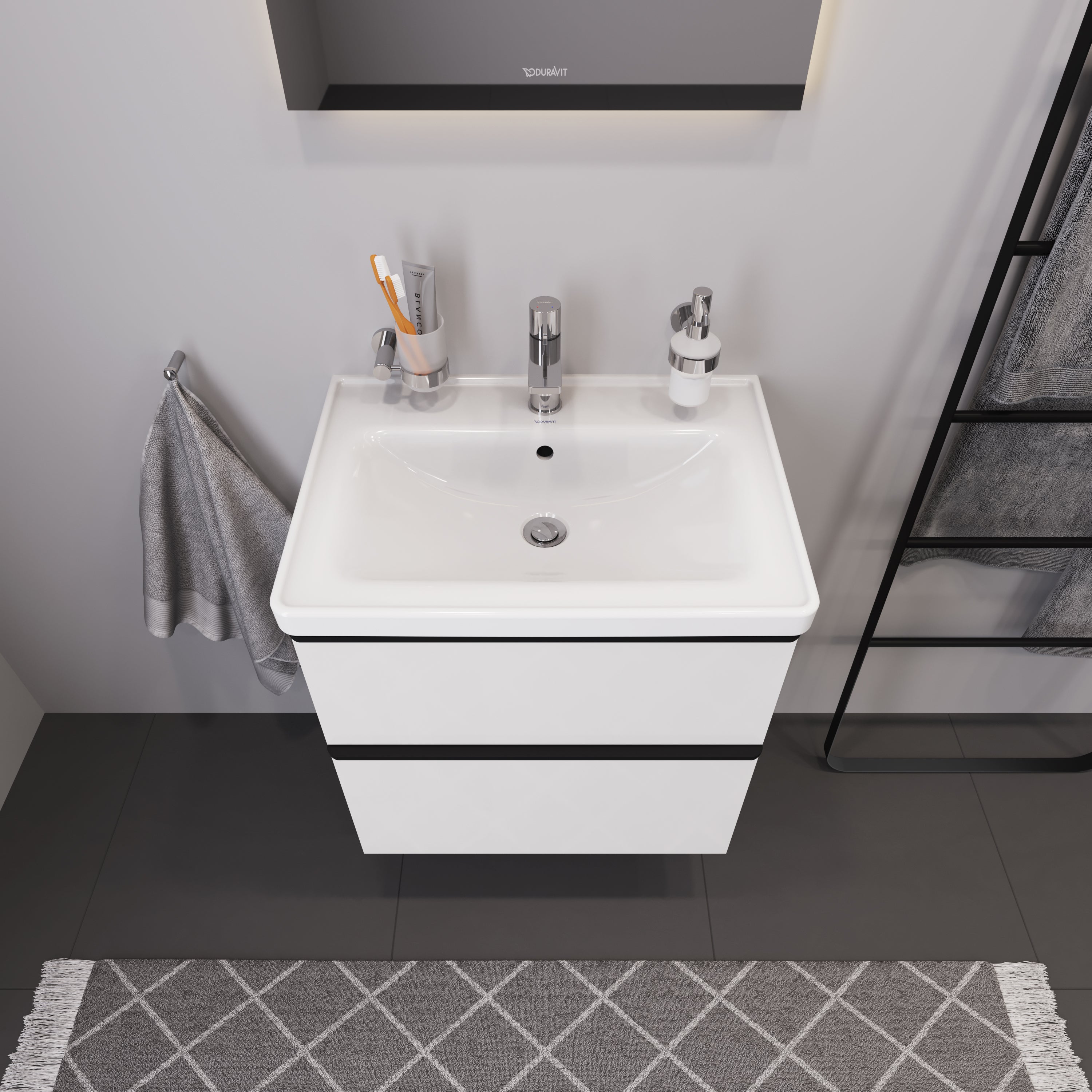 Duravit D-Neo sæt (skab+vask), hvid højglans, 2-skuffer, 650 mm