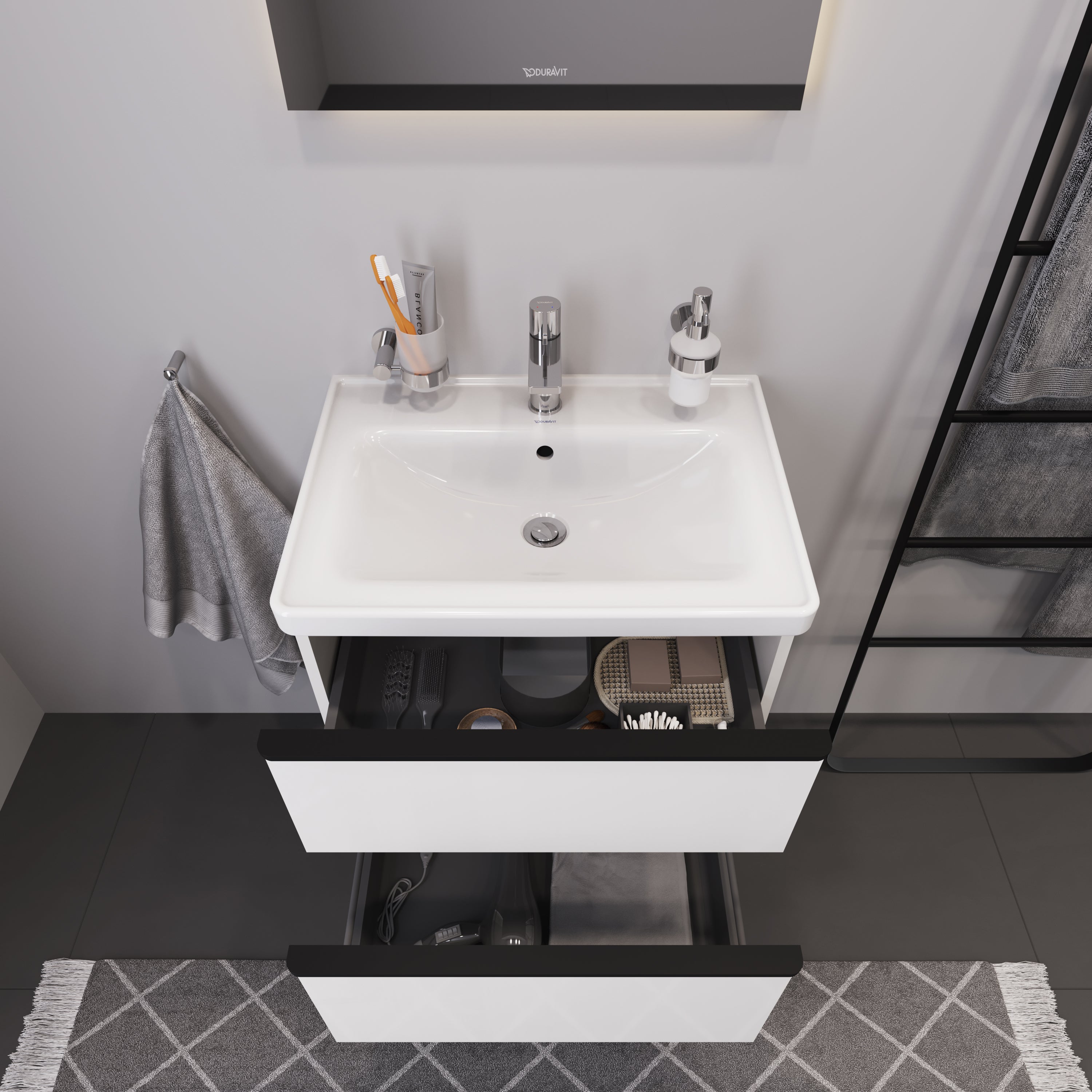 Duravit D-Neo sæt (skab+vask), hvid højglans, 2-skuffer, 650 mm