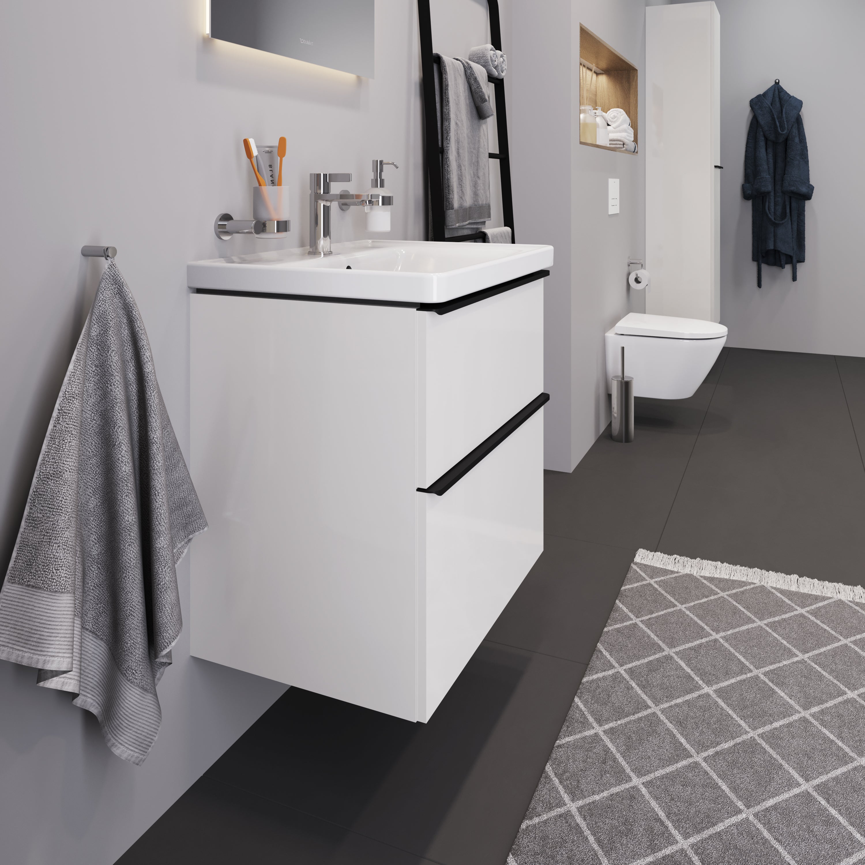 Duravit D-Neo sæt (skab+vask), hvid højglans, 2-skuffer, 650 mm