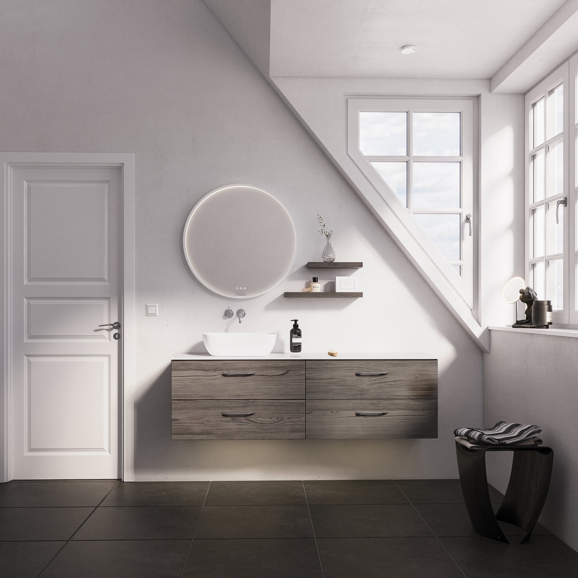 Dansani Rammespejl "Moon" ø75 cm, hvid mat, lysstyring