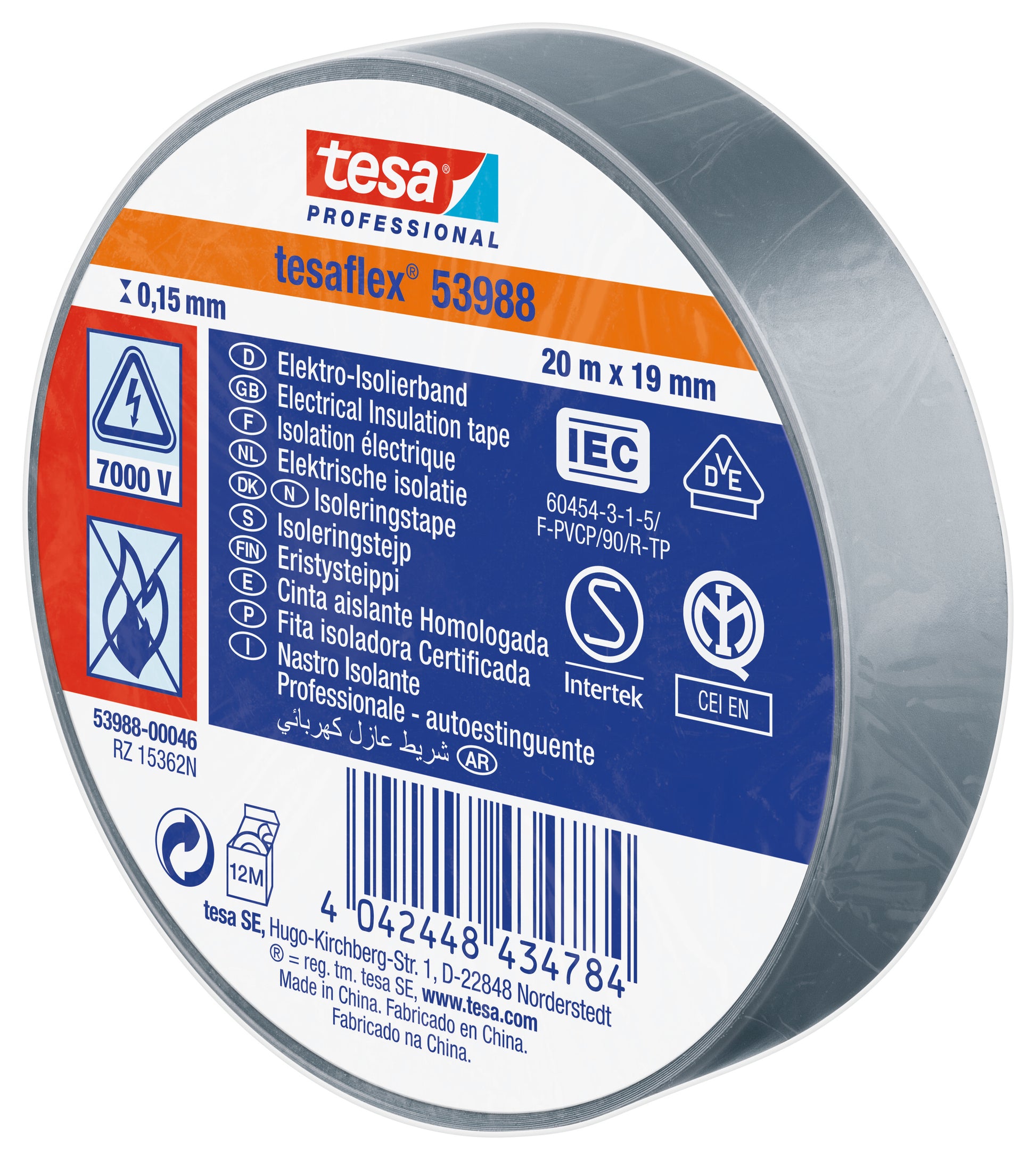 ISOLERINGSTAPE VDE/IEC PVC 20MX19MM GRÅ