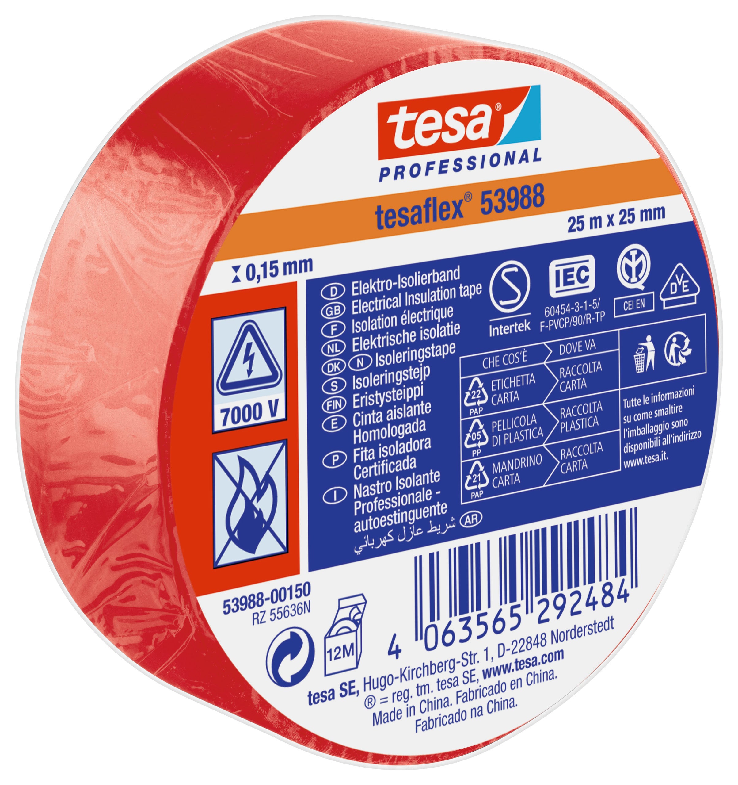 ISOLERINGSTAPE VDE/IEC PVC 25MX25MM RØD