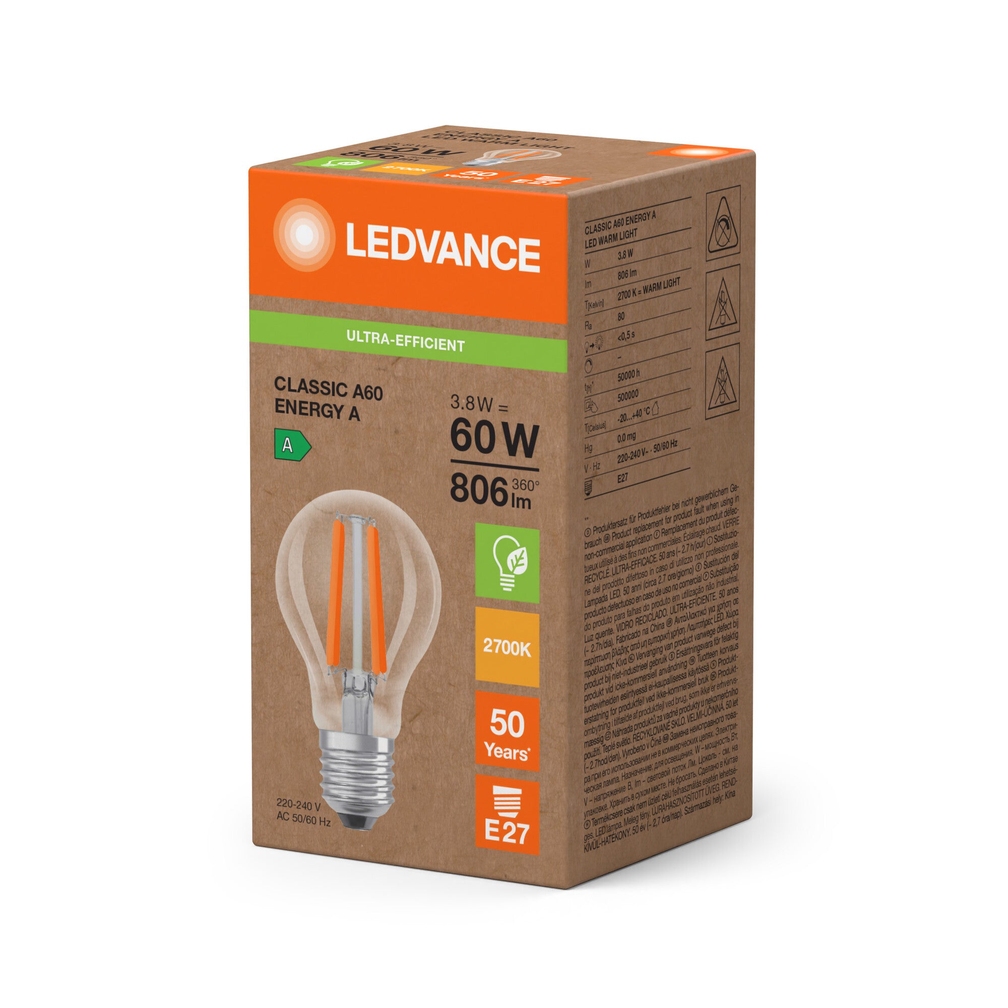 LED STD FIL 3,8W 827 (60W) E27 ENERGKL A