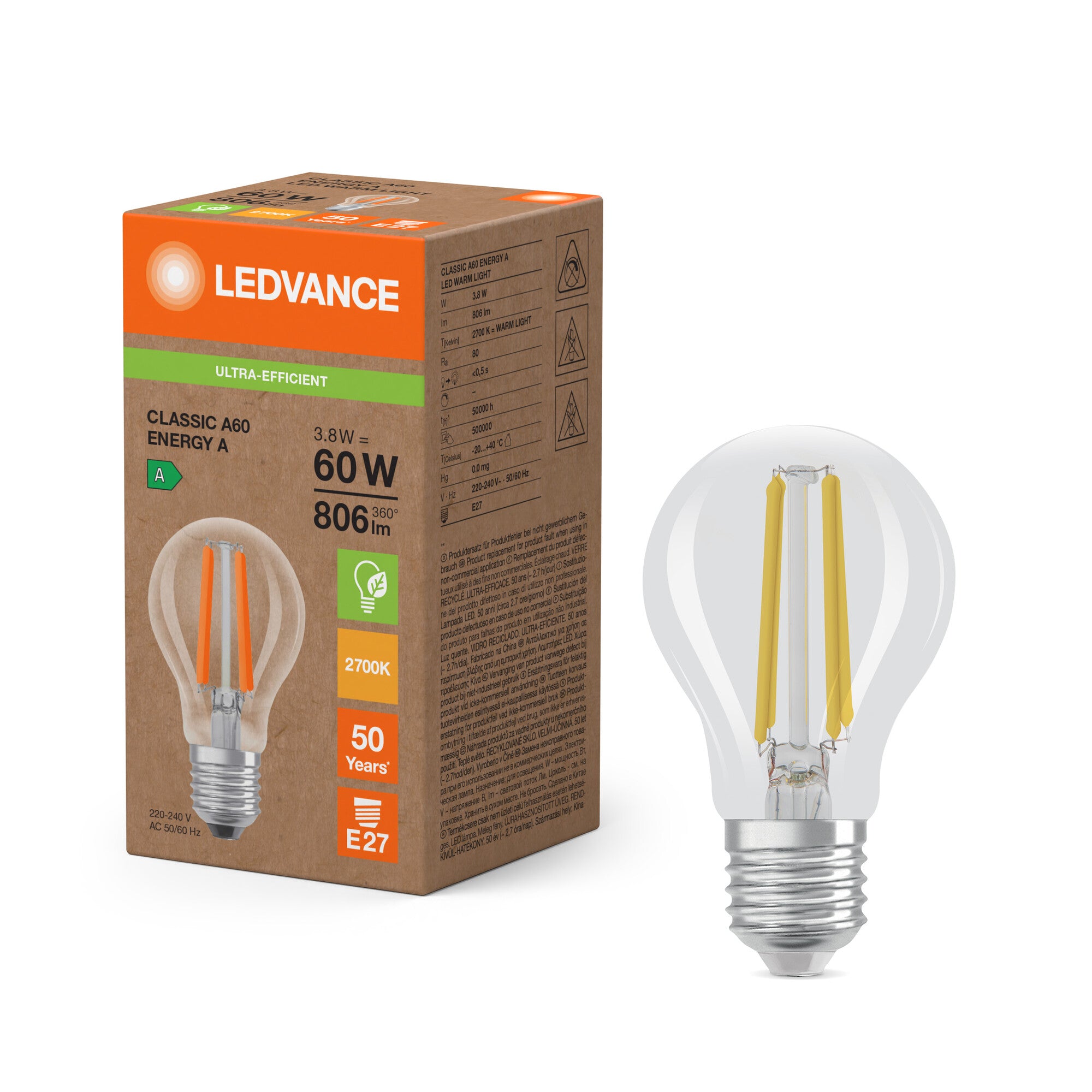 LED STD FIL 3,8W 827 (60W) E27 ENERGKL A