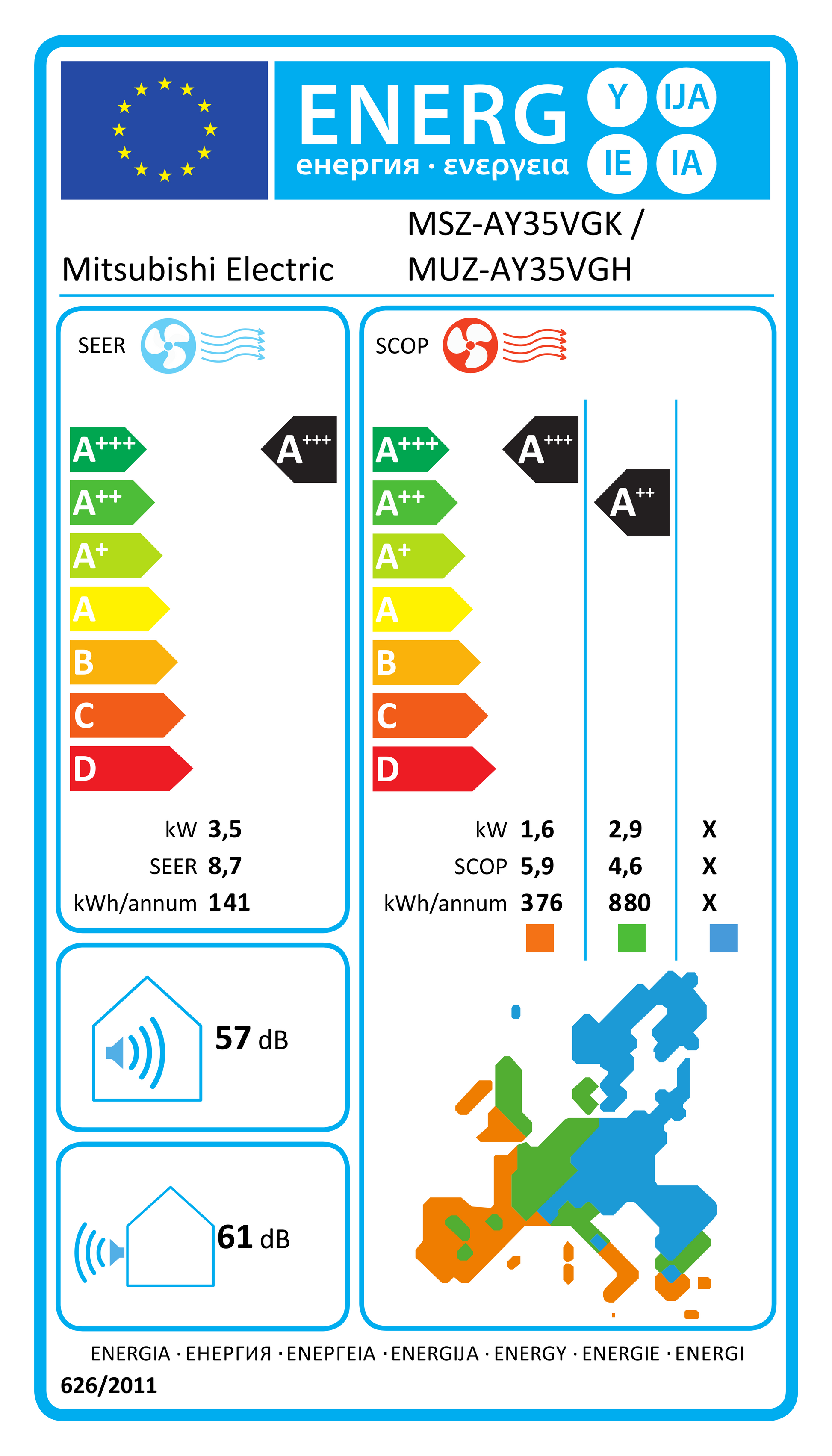Varmepumpe indedel MSZ-AY35VGK med WIFI
