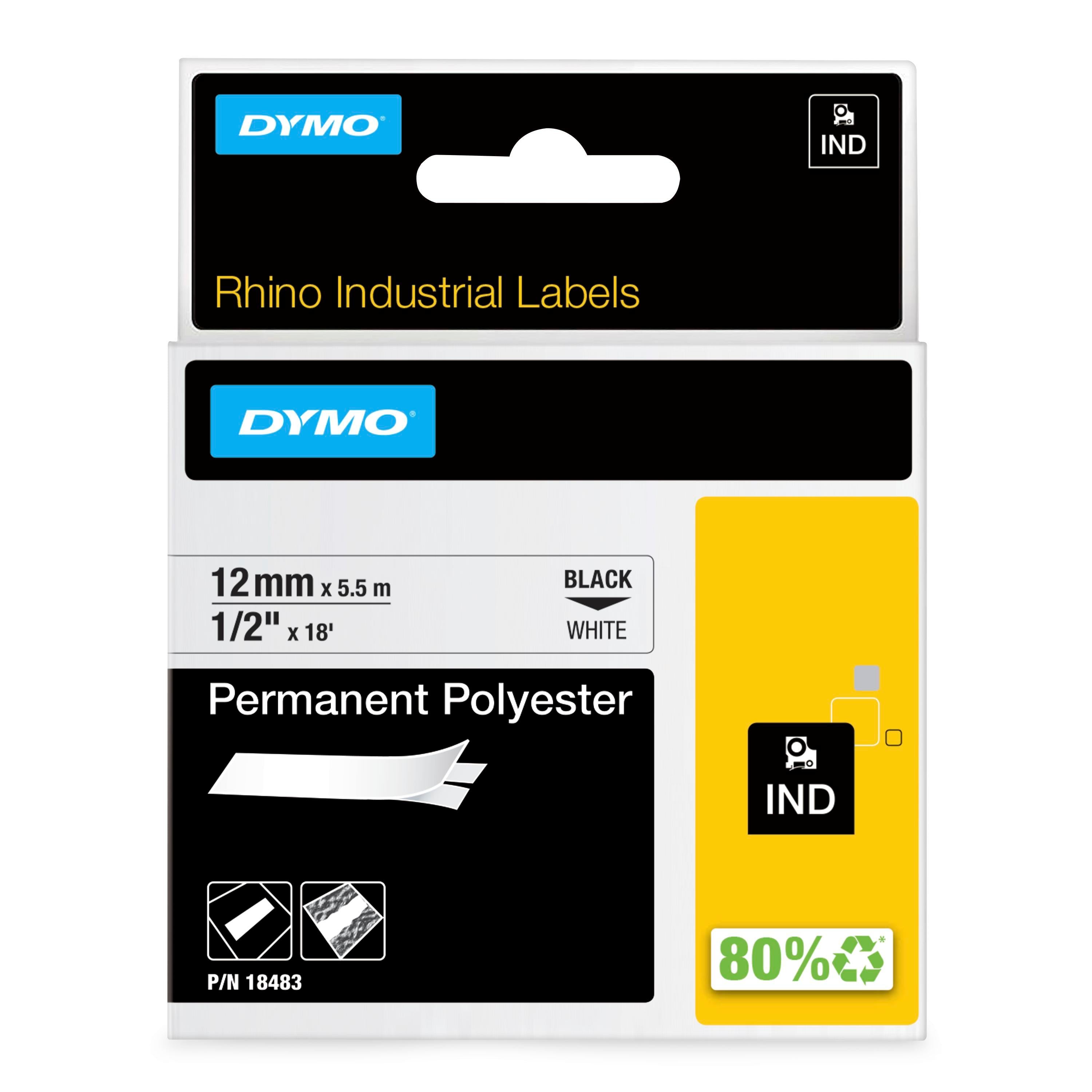 DYMO Rhino industri tape permanent polyester sort på hvid 12mmx5,5m