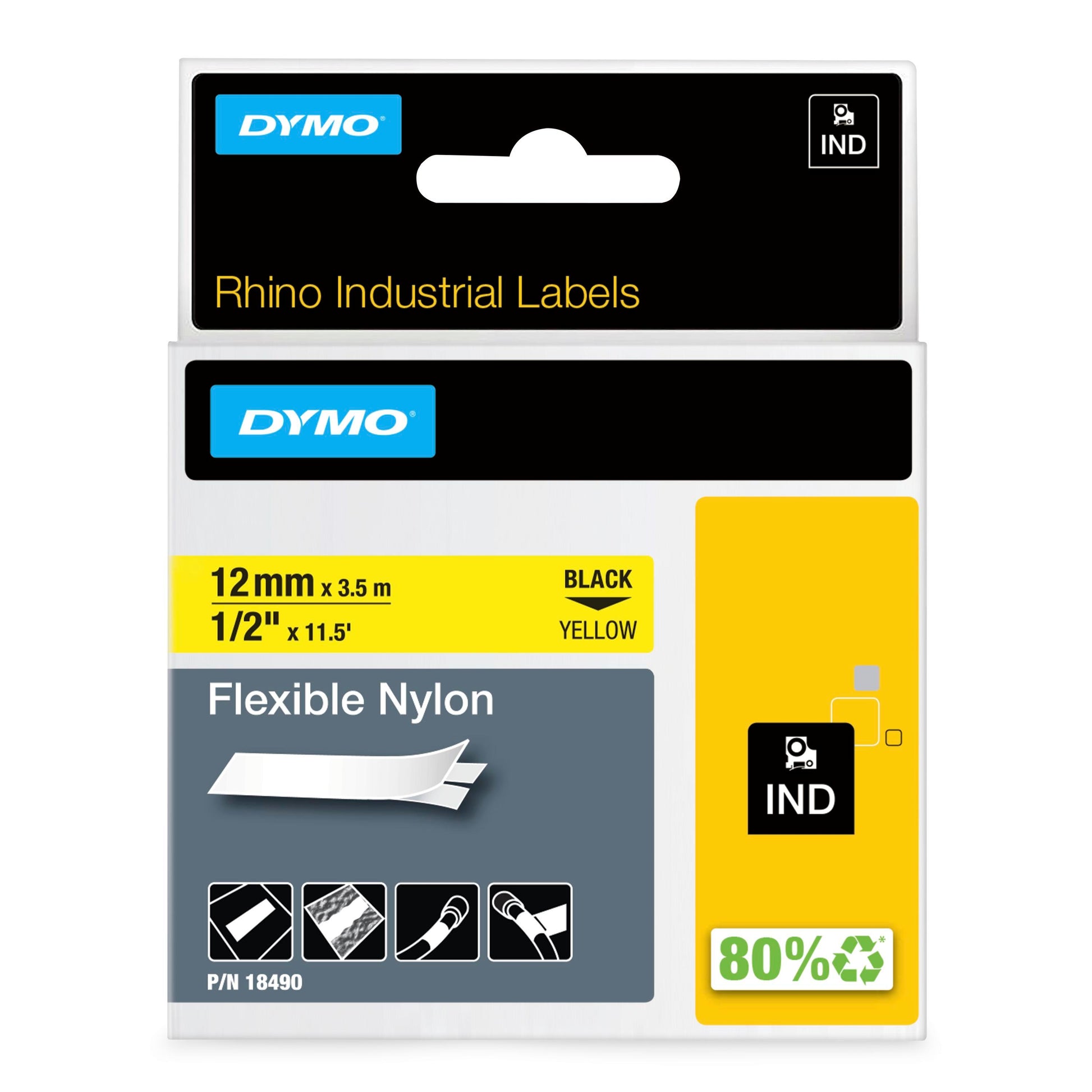 DYMO Rhino industri tape fleksibel nylon sort på gul 12mmx3,5m