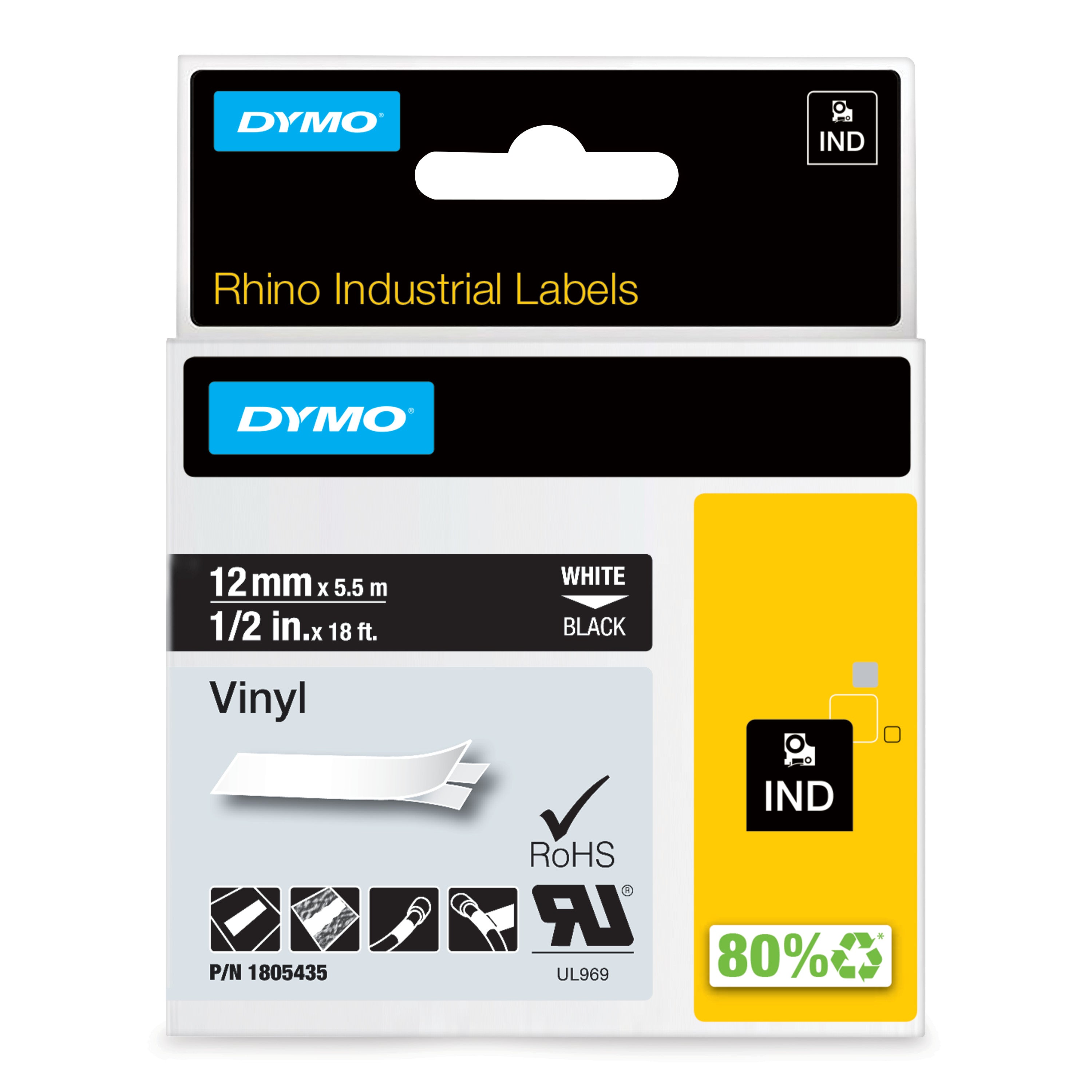 Dymo Rhino industri vinyl tape 12mmx5,5m rulle hvid på sort selvklæbende