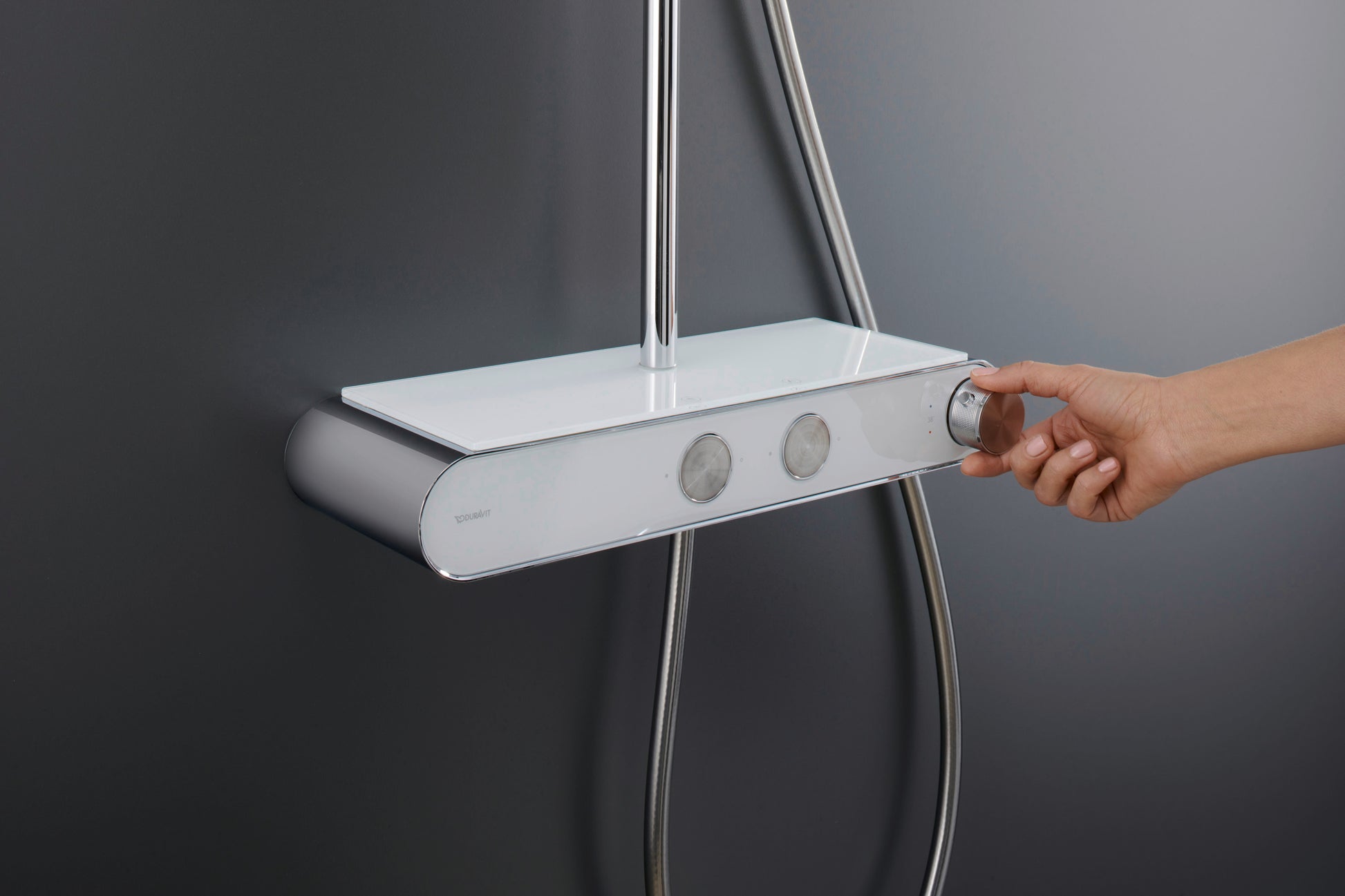 Duravit MinusFlow termostatisk Shower System med hylde, Krom|Hvid højglans