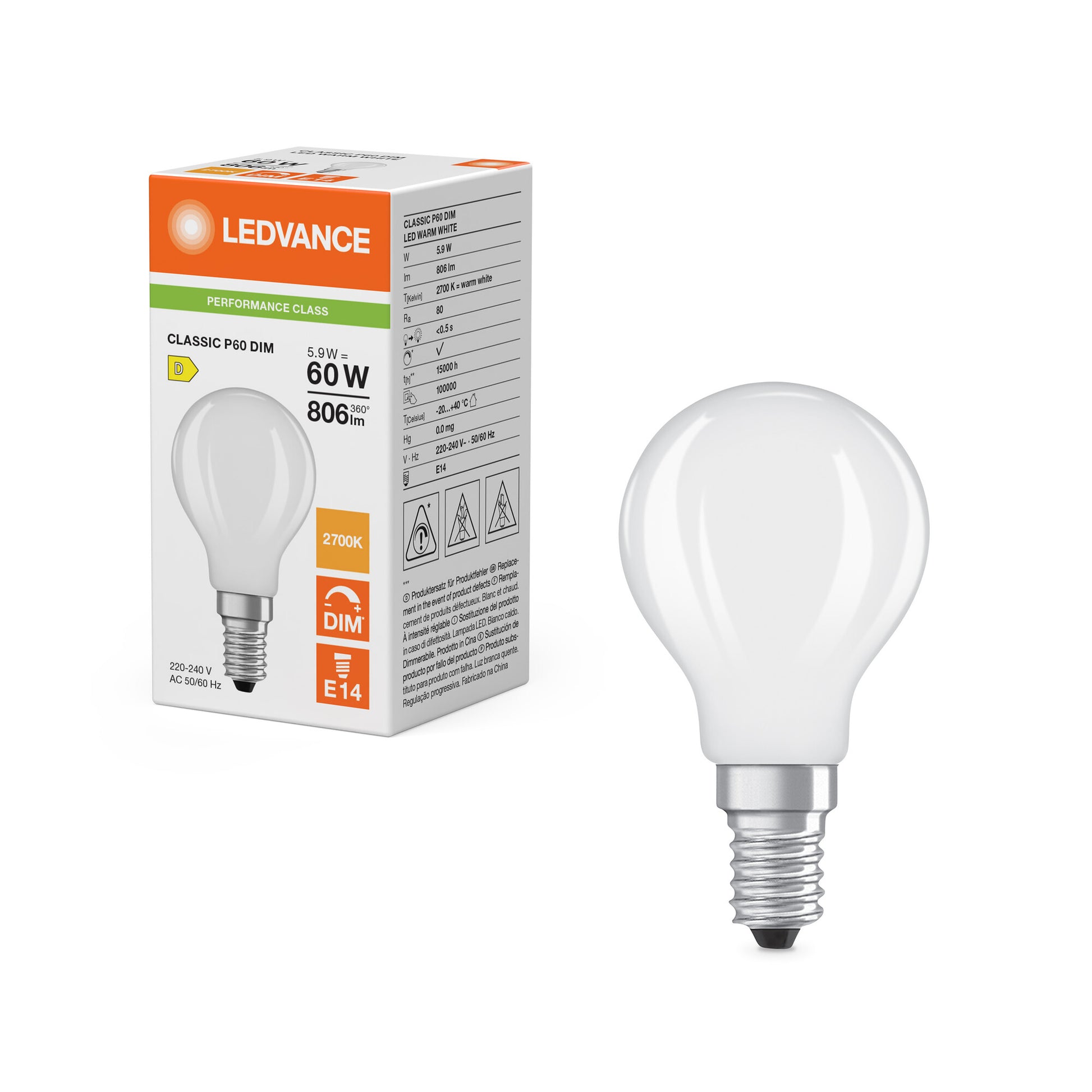 LEDVANCE LED krone mat 806lm 5,9W/827 (60W) E14 dæmpbar