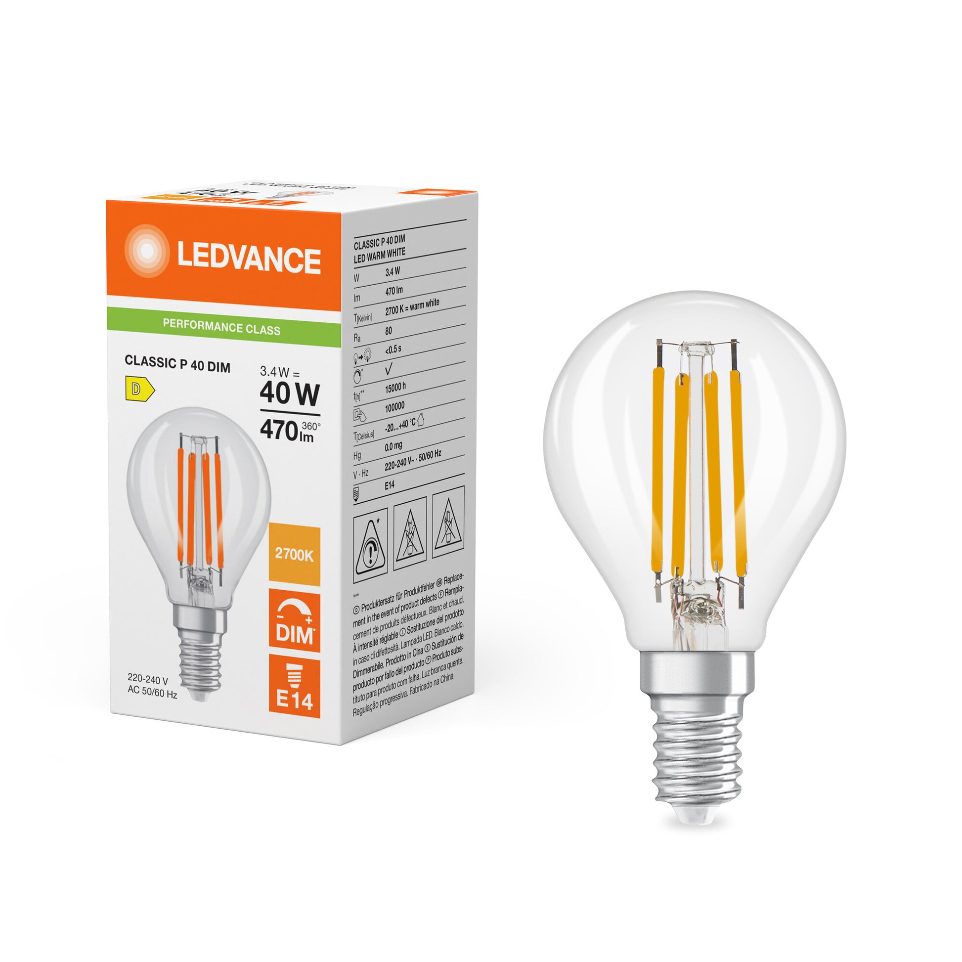 LEDVANCE LED krone filament 470lm 3,4W/827 (40W) E14 dæmpbar