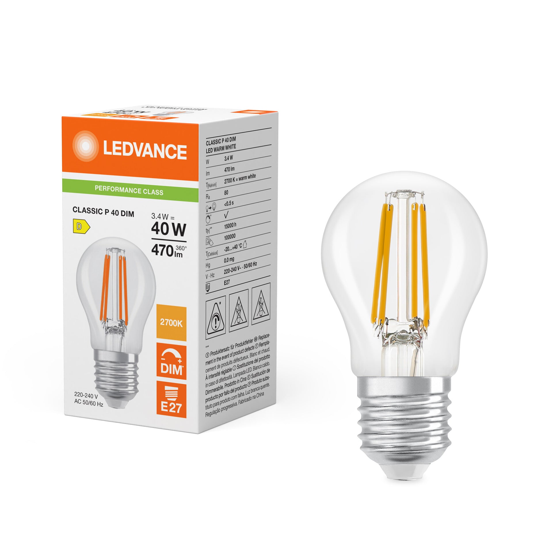 LEDVANCE LED krone filament 470lm 3,4W/827 (40W) E27 dæmpbar