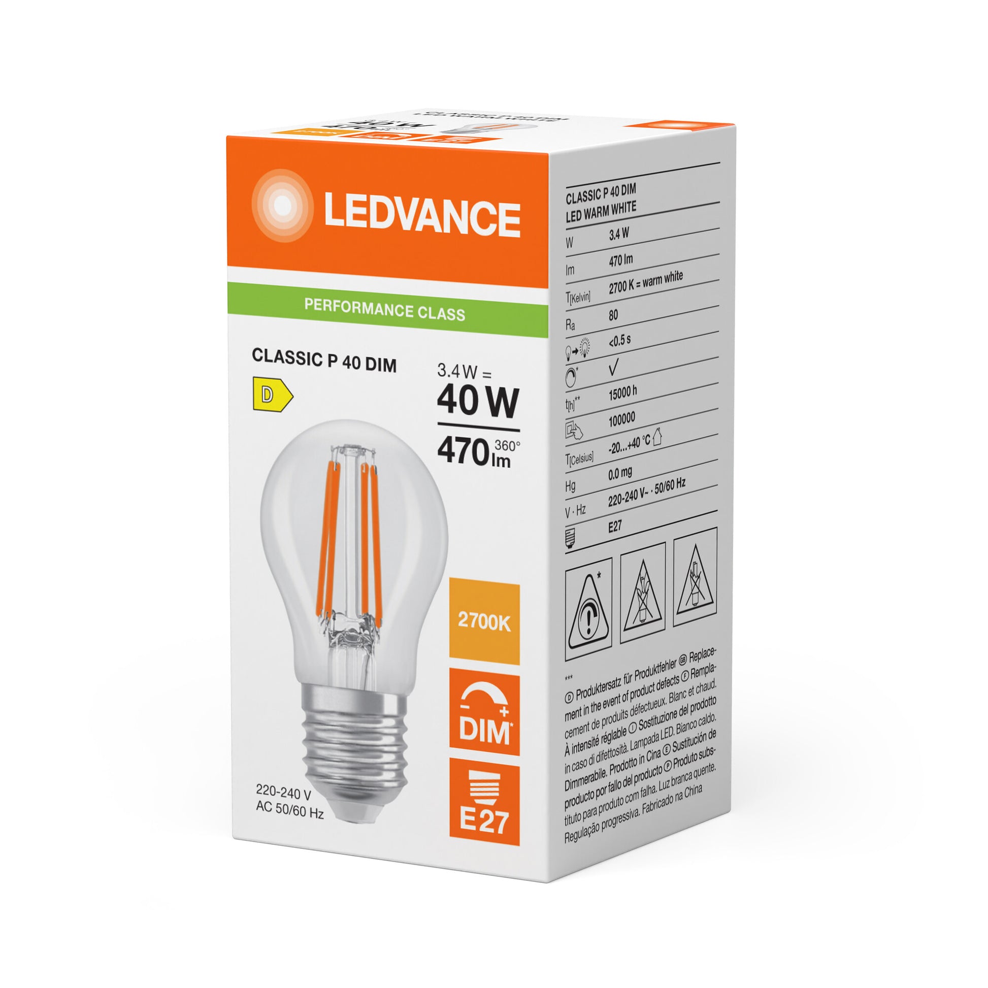 LEDVANCE LED krone filament 470lm 3,4W/827 (40W) E27 dæmpbar