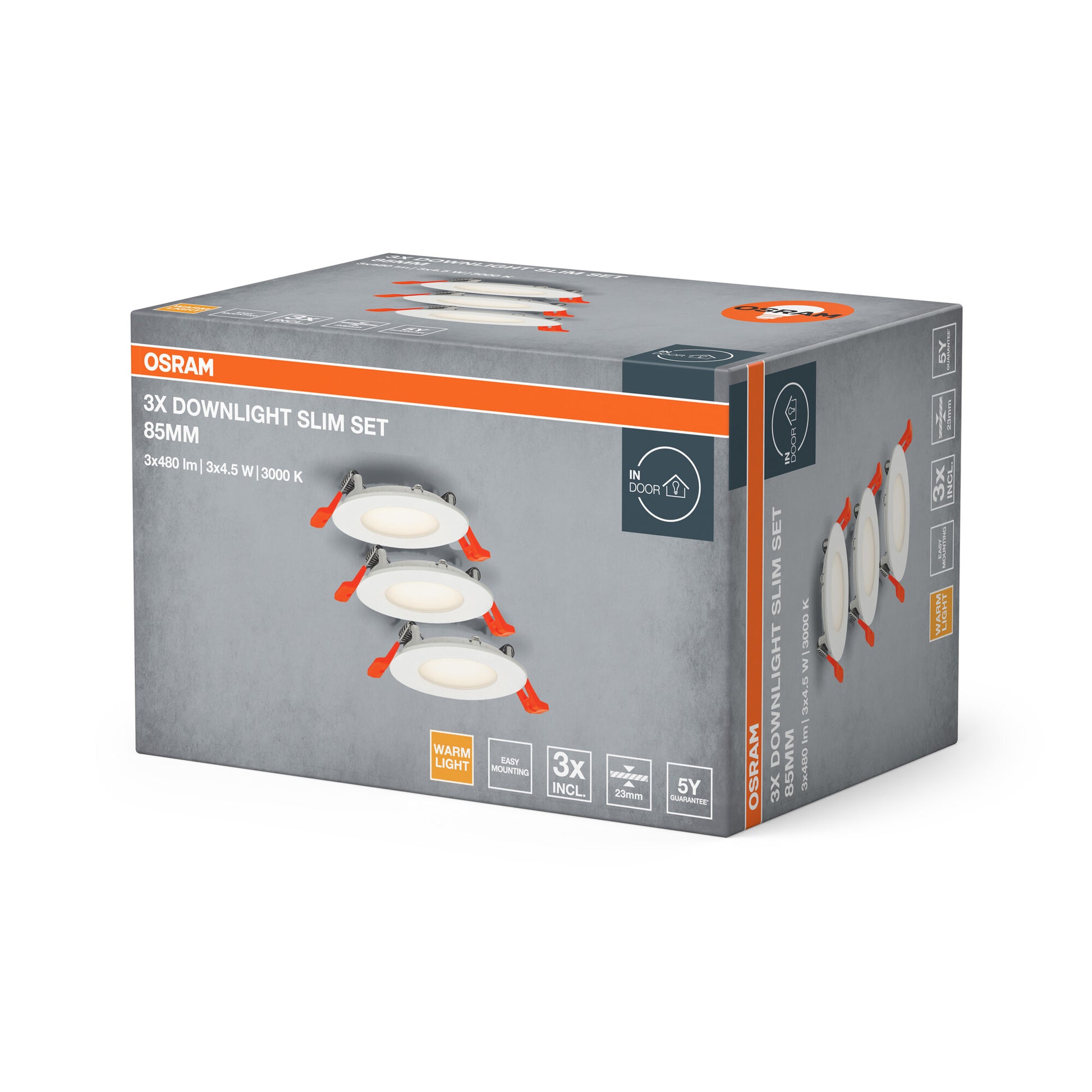 OSRAM downlight Slim 480lm 4,5W/830 (3 stk.) IP20 85mm hvid
