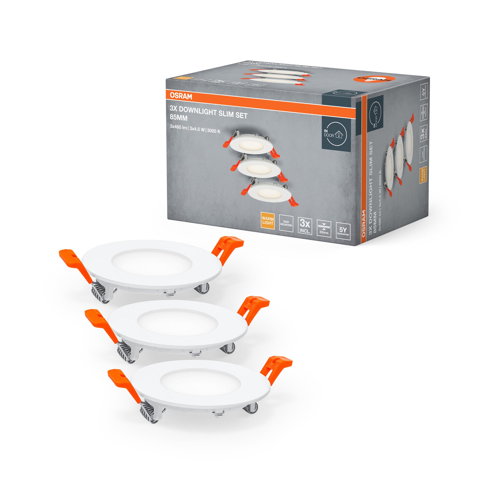 OSRAM downlight Slim 480lm 4,5W/830 (3 stk.) IP20 85mm hvid