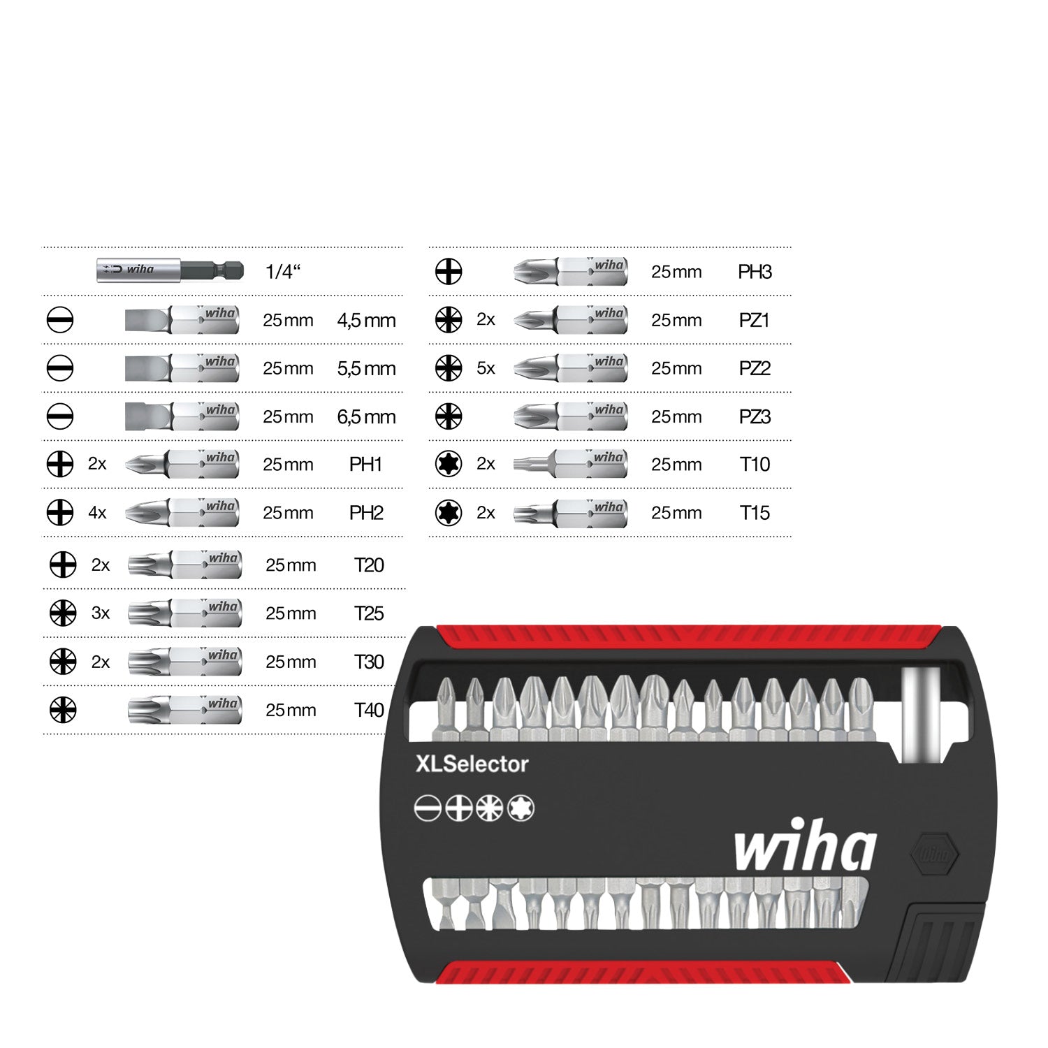 Wiha XL bitsæt 25 mm LK/PH/PZ/TORX, 31 dele