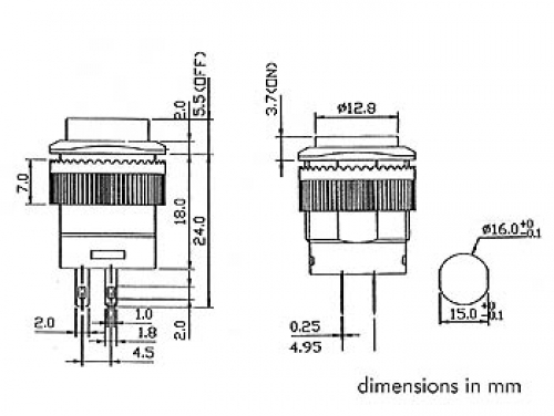 Trykkontakt - 1 pol OFF-ON m. Blå LED, 1A/250V (Ø16mm)