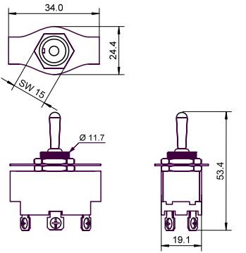 MAXI vippekontakt - 2P ON-OFF-ON 6A/250V, M3 skruer