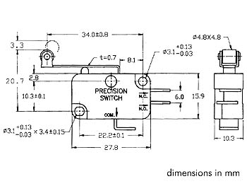 Mikroswitch, lang rulleboltarm - 6A/250V ON-(ON) 4,8mm stik