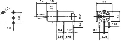 Miniature vippekontakt - 1P ON-OFF-ON, u. gevind, kort arm