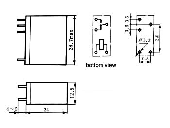 Vertikalt relæ - 48VDC 10A, 1 x omskifter (SPDT) 5-ben 3,5mm