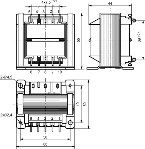 Chassis transformator - 1 x 115V / 0,42A / 50VA, loddeflige