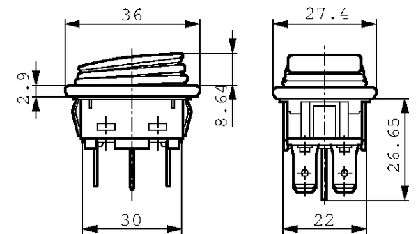 Vippekontakt - 2P OFF-ON, 16A 250V, Grøn lys, IP65 (30,2x22)