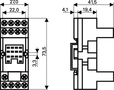 DIN-skinne relæsokkel - 250Vac / 12A, 8-bens