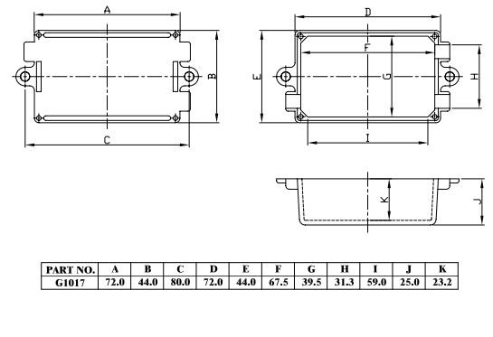 G1017 plastkabinet - Sort m. flanger (44x72x27mm)