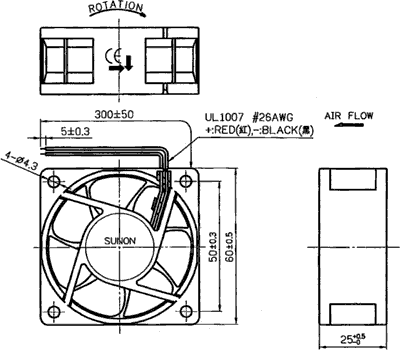 DC blæser - 60x60x25mm 12Vdc / 3,57W, kugleleje, 2 ledn.