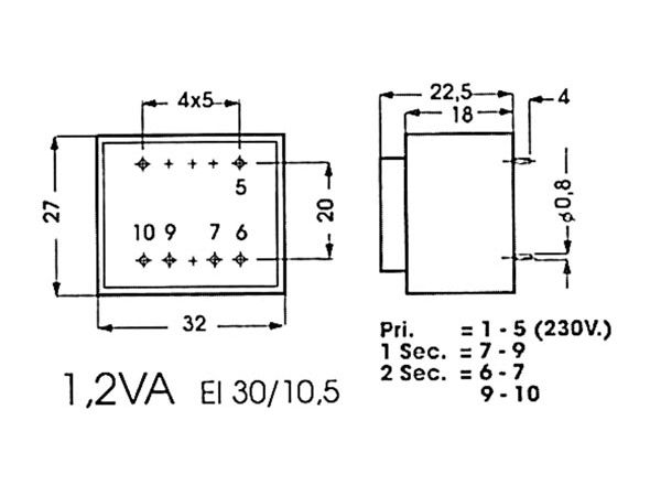 230V printtransformator - 1,2VA 2 x 6V / 2 x 100mA