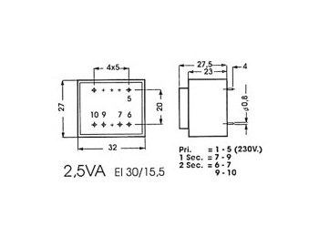 230V printtransformator - 2,5VA 2 x 24V / 2x52mA