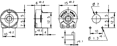 Vandret trimmepotmeter - 470kOhm, 15mm, spindel (PT15NV)