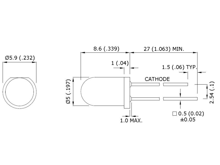 5mm 12V LED - Rund, RØD diffus + modstand (30mcd 30°)