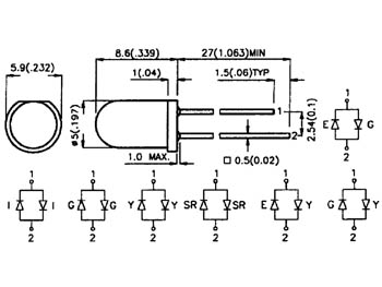 5mm LED - Bipolar Tofarve, RØD/GRØN, 50/40mcd (60°)