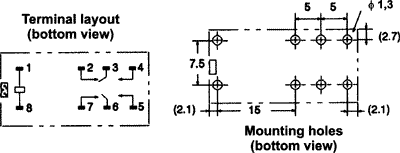 Vertikalt relæ - 12VDC / 5A, 2 x omskifter (DPDT)
