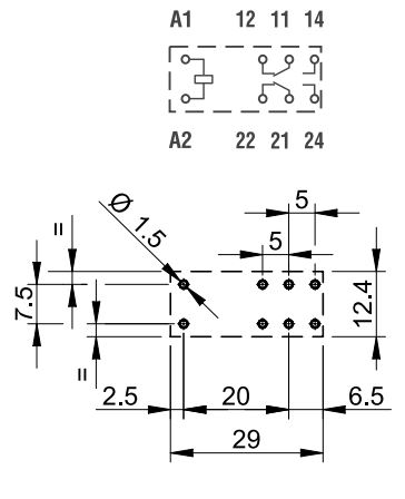 Miniature relæ - 12VDC 10A, 2 x omsk. (DPDT), 8-ben 5mm