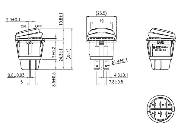 Vippekontakt - 2P OFF-ON, 20A 12Vdc Grøn LED, IP65 (Ø20,2mm)