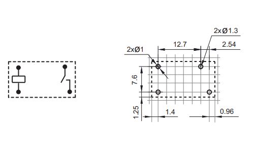 Subminiature relæ - 12VDC / 5A-250VAC, 1 x slutte (SPST-NO)