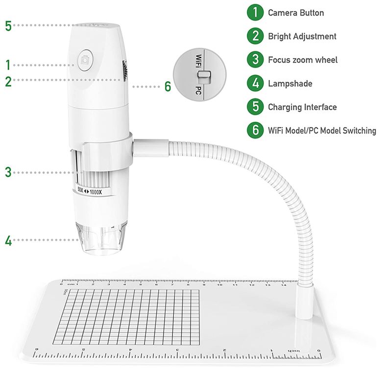 WiFi mikroskop - 2MP, 1000X, 8 LED, App (IOS, Android, PC)