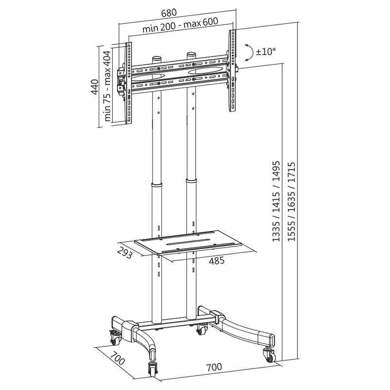 Rullebord m. TV beslag - 37-70" 40kg, vipbar/højdejustering