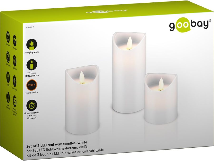 LED bloklys - flamme-effekt, timer, Hvid (3 stk.)