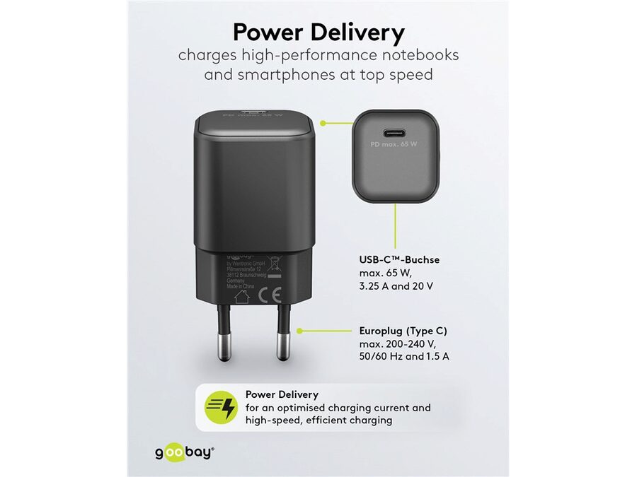 USB-C PD netadapter - 1xUSB-C (65W/3,25A), Sort