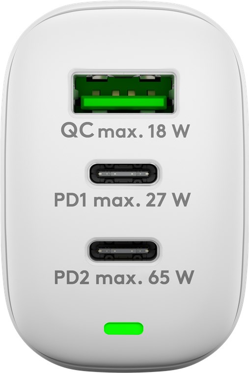 USB-C PD netadapter - 1xUSB-A, 2xUSB-C, 65W/3A, Hvid