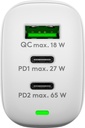 USB-C PD netadapter - 1xUSB-A, 2xUSB-C, 65W/3A, Hvid
