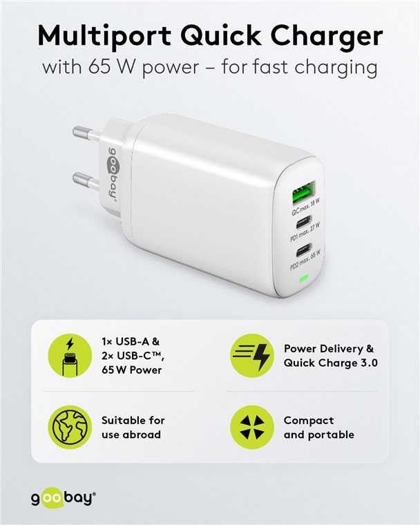 USB-C PD netadapter - 1xUSB-A, 2xUSB-C, 65W/3A, Hvid