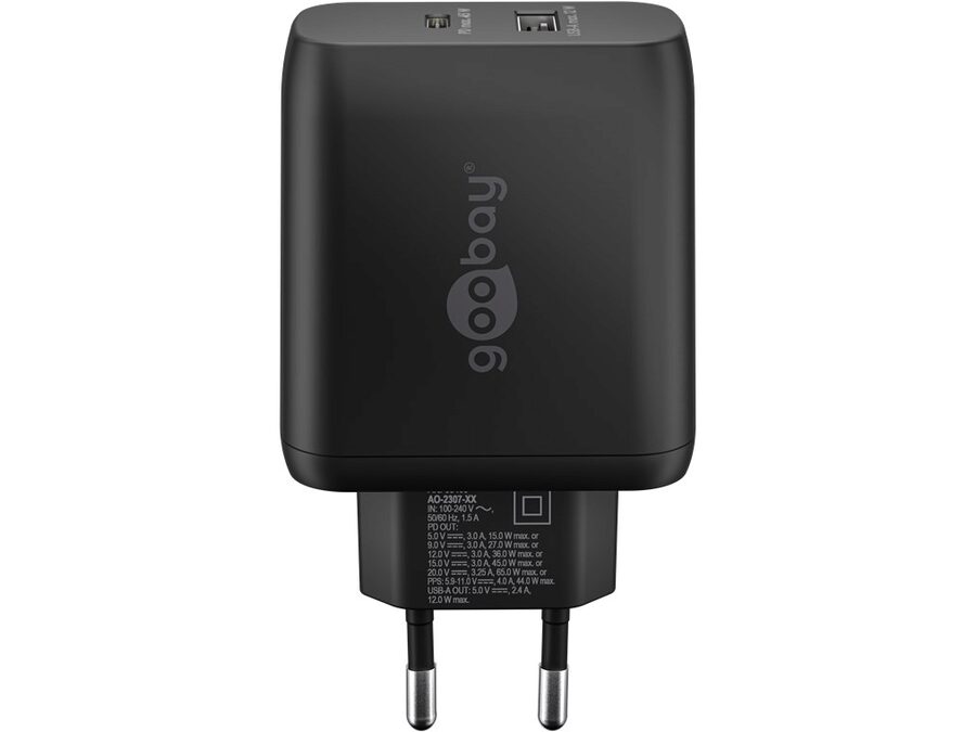USB-C™ PD GaN lynlader - C (65W) + A (12W), Sort