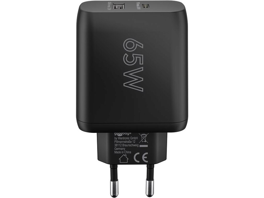 USB-C™ PD GaN lynlader - C (65W) + A (12W), Sort