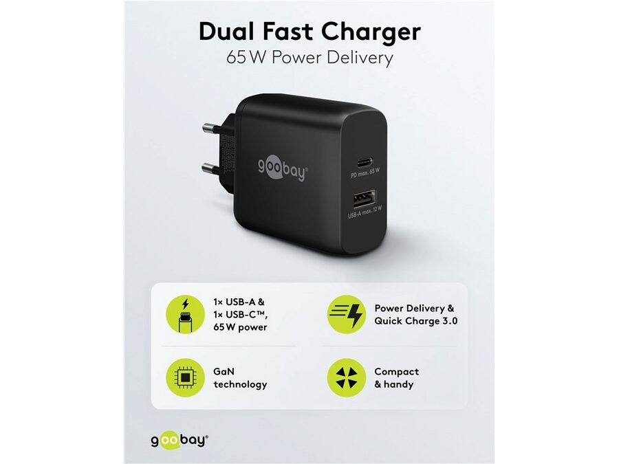 USB-C™ PD GaN lynlader - C (65W) + A (12W), Sort